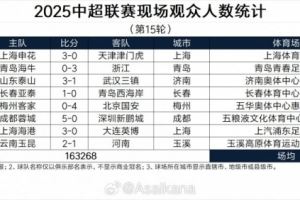 2025中超联赛现场观众人数统计（第15轮） ​​​